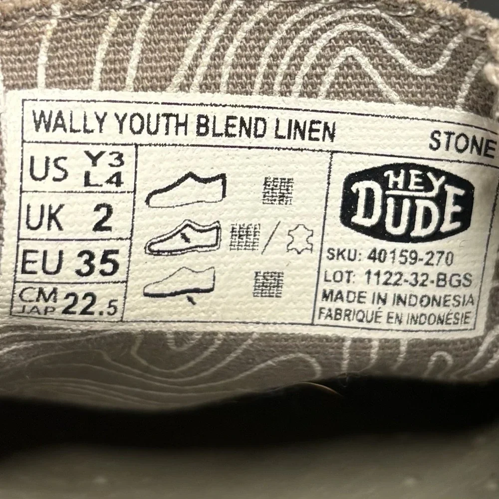 Hey Dude WALLY YOUTH Stone Linen Slip‎ On Casual Shoes Y3 Womens 4 Lightweight